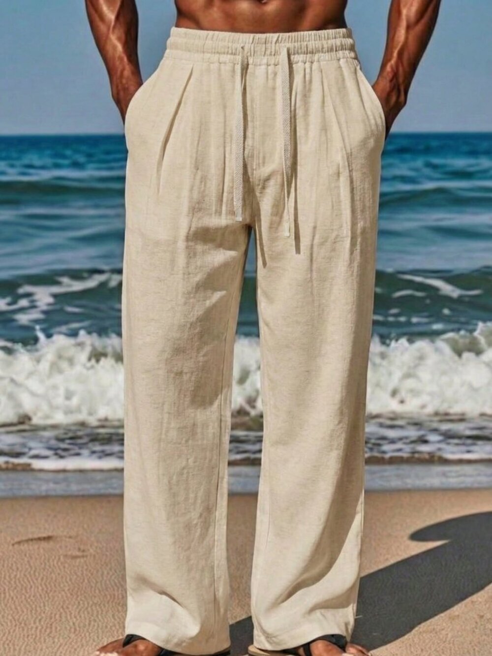 Khaki Basic Men's Casual Pocket Drawstring Beach Vacation Pants